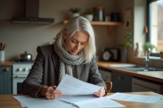 Femme d'âge moyen lisant des documents à la maison
