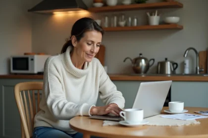 Femme d'âge moyen utilisant son ordinateur à la maison