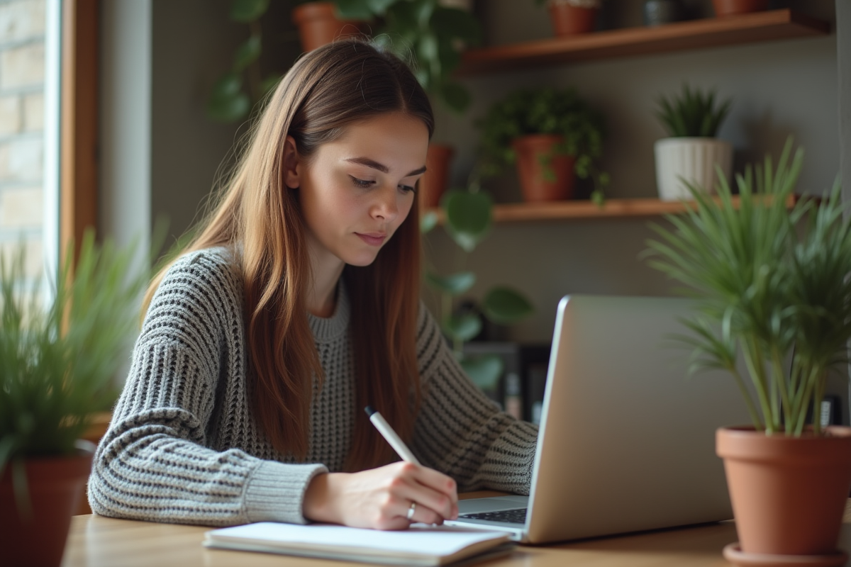 Femme assise à son bureau vérifiant le prix de Solana
