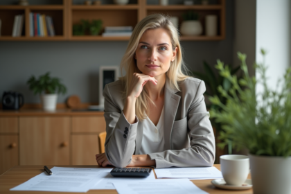 Femme réfléchissant à ses finances dans une cuisine chaleureuse