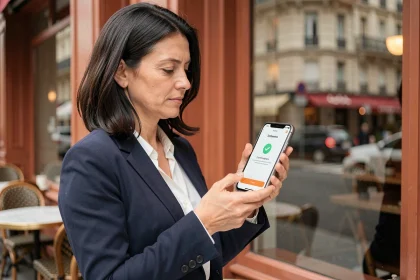 Femme française utilisant une application de paiement mobile sécurisée sur son smartphone dans un café parisien