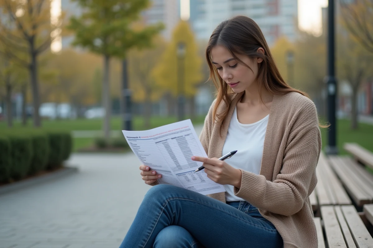 Jeune femme lisant un document financier dans un parc urbain