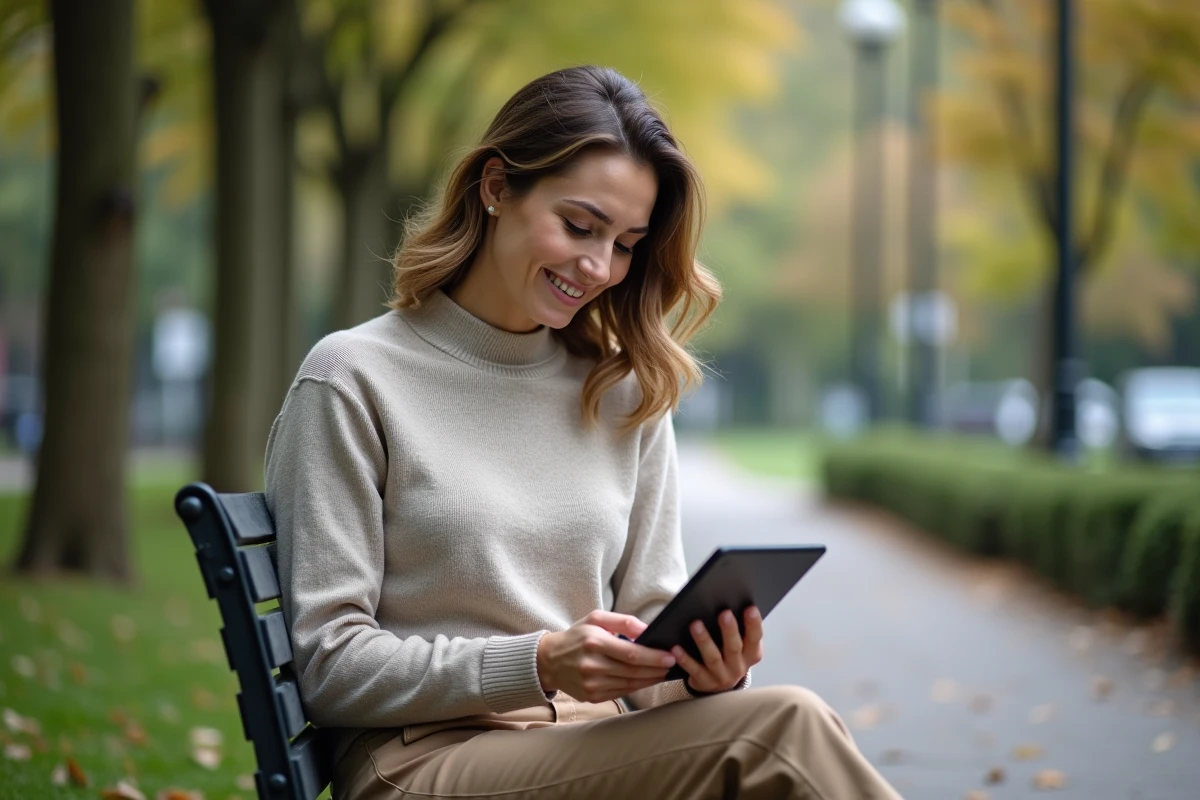 Femme lisant des graphiques boursiers dans un parc