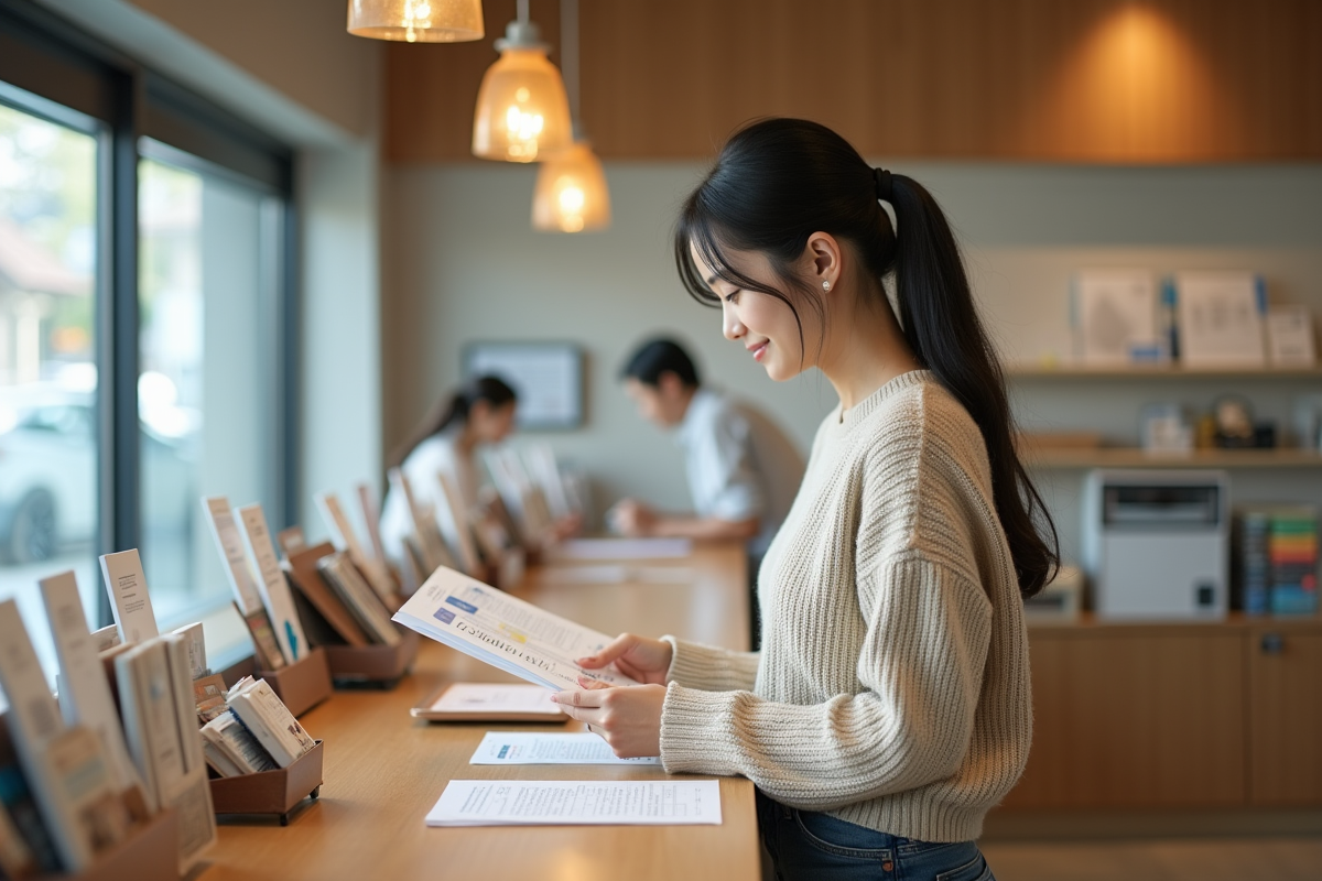Jeune femme japonaise consulte des taux hypothécaires à la banque