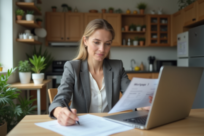 Femme lisant un relevé hypothécaire dans une cuisine moderne