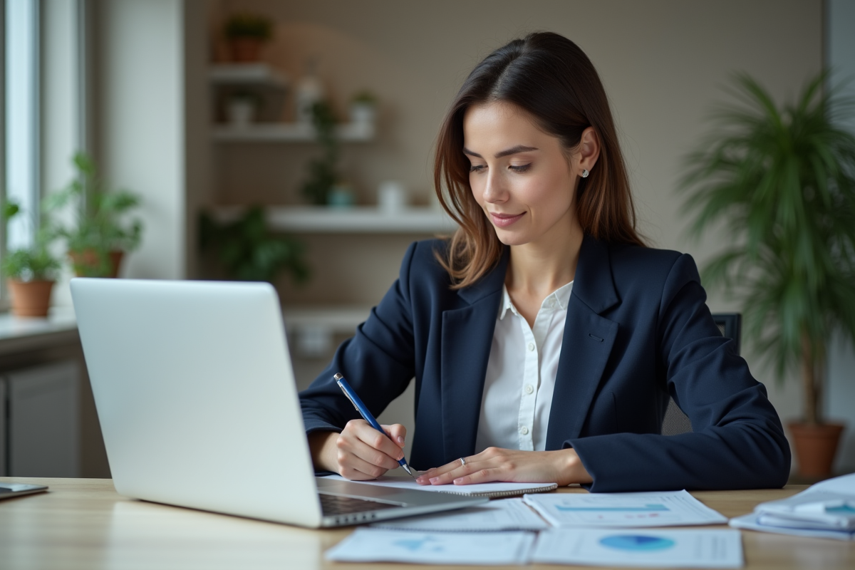 Jeune femme d'affaires en bureau moderne avec ordinateur