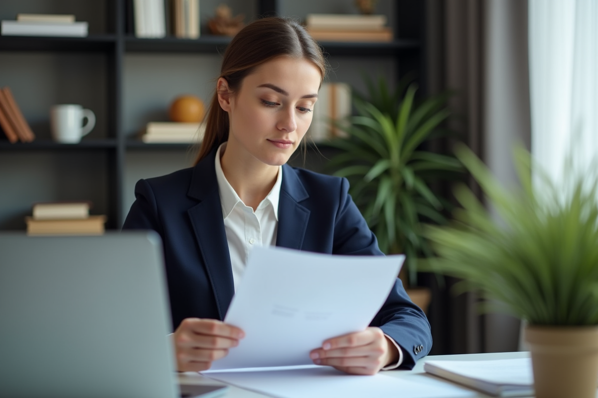 Jeune femme professionnelle relisant des documents dans un bureau moderne