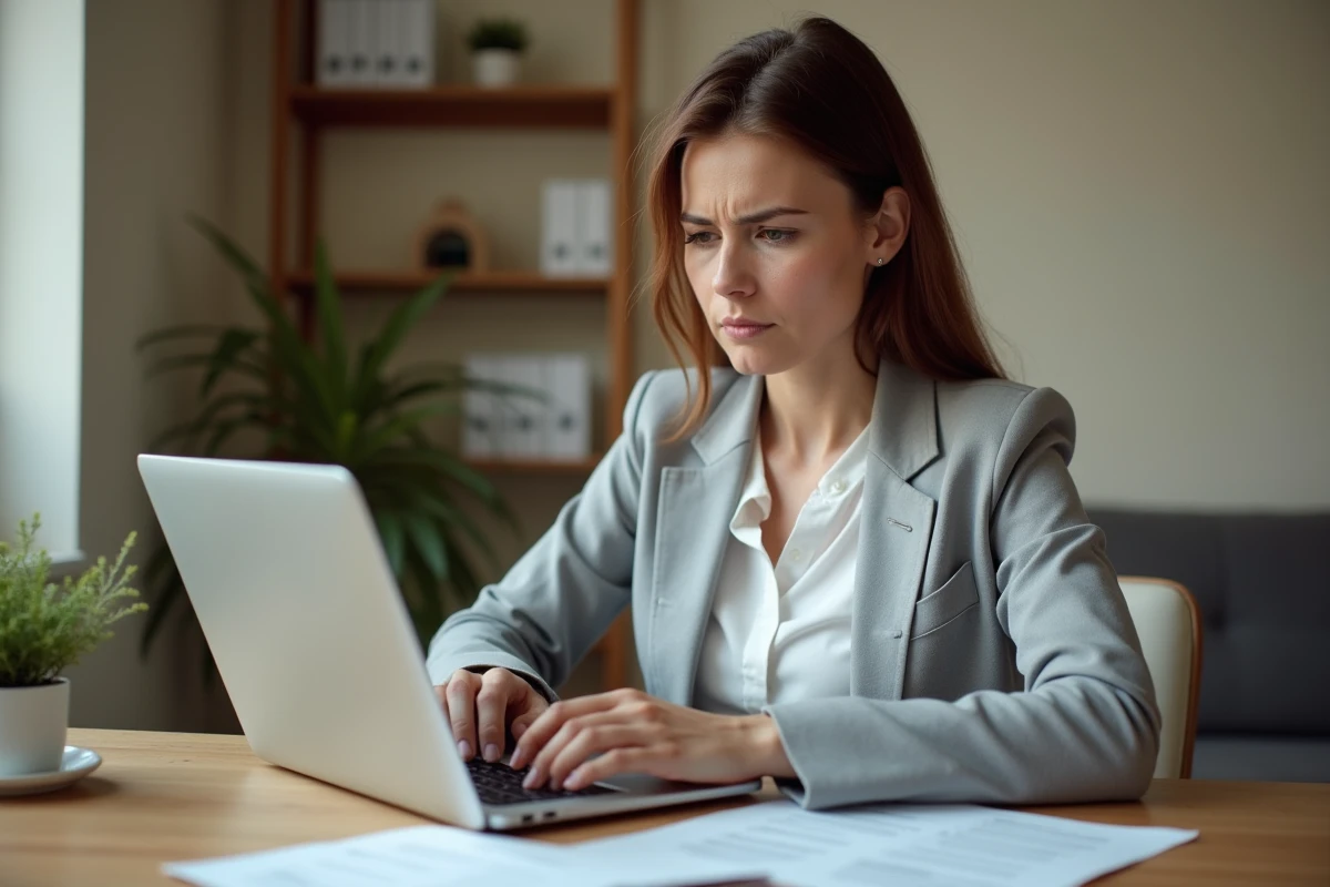 Femme rédigeant un email de réclamation à Cetelem sur son ordinateur portable avec des documents bancaires sur le bureau