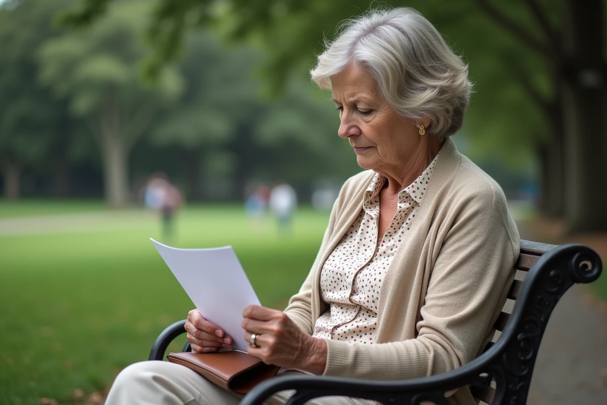Femme âgée assise sur un banc de parc tenant une lettre pensivement