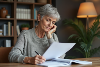 Femme d'environ 60 ans en pleine réflexion dans un bureau chaleureux