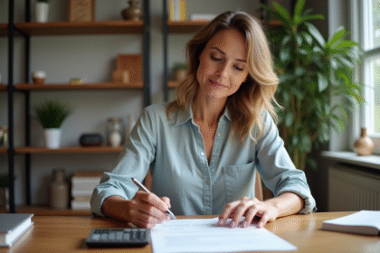 Femme d'âge moyen examine un document de prêt immobilier dans un bureau lumineux