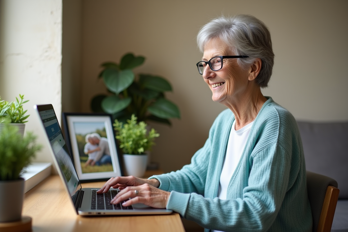 Femme senior utilisant un ordinateur dans un intérieur chaleureux