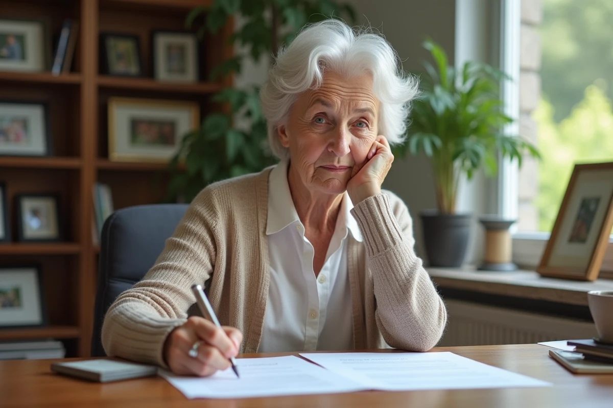 Femme senior concentrée remplissant documents d'assurance