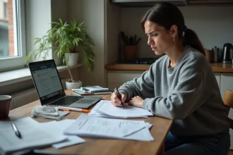 Femme seule consultant des documents administratifs pour déclarer ses revenus et calculer son RSA en 2026