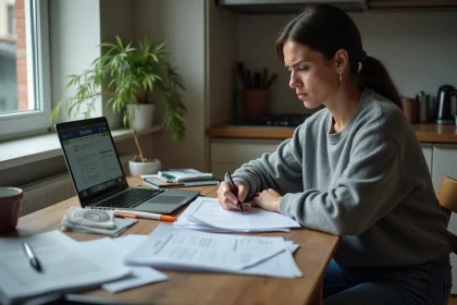 Femme seule consultant des documents administratifs pour déclarer ses revenus et calculer son RSA en 2026