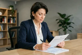 Femme professionnelle en blazer marine signant un contrat d'assurance professionnelle dans un bureau moderne