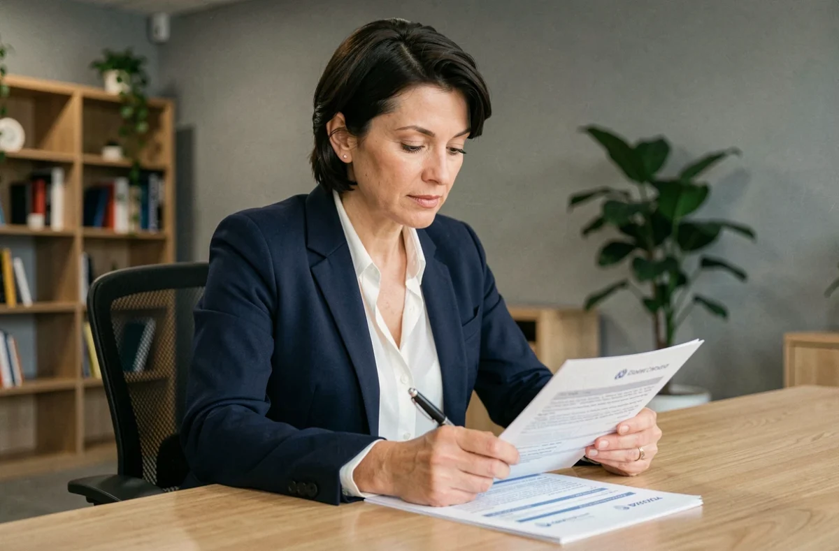 Femme professionnelle en blazer marine signant un contrat d'assurance professionnelle dans un bureau moderne