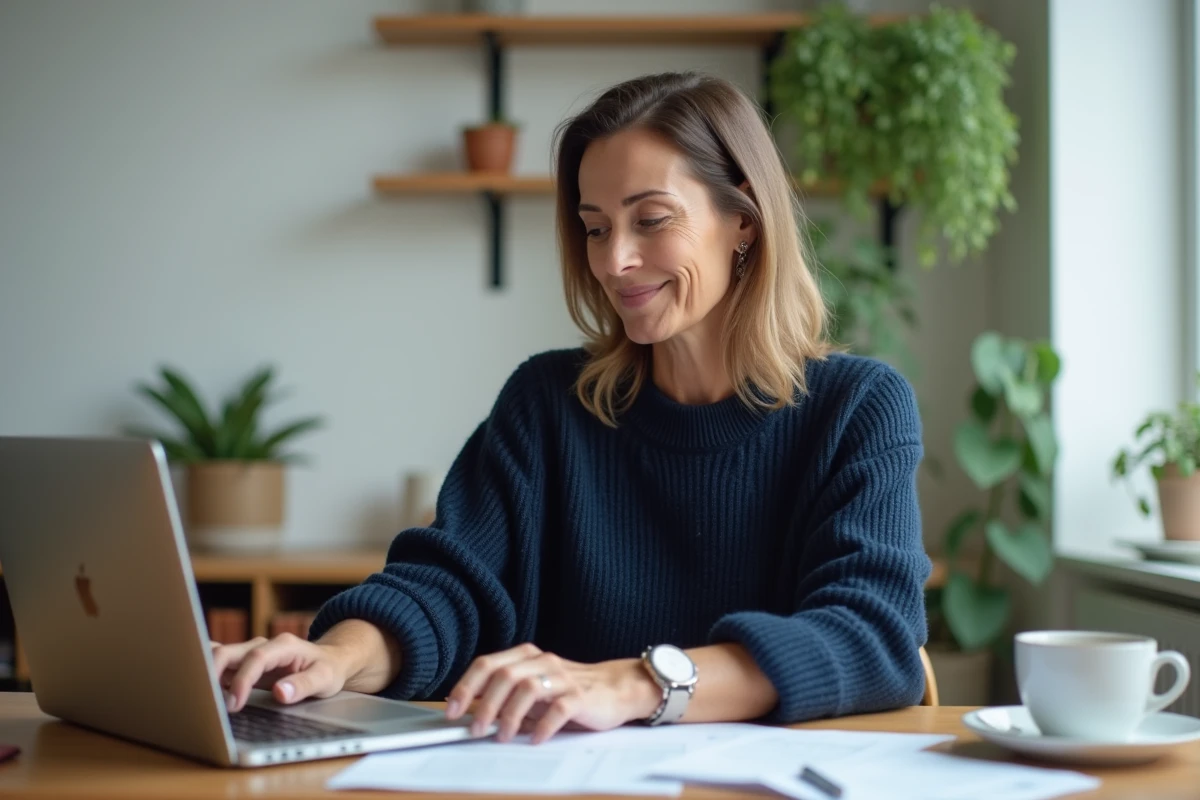 Femme calculant son pouvoir d'achat 2026 sur un ordinateur portable à la table de cuisine avec des documents financiers