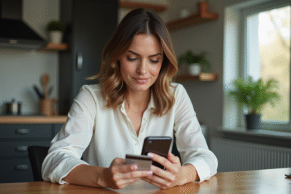 Femme utilisant son smartphone et carte bancaire à la maison