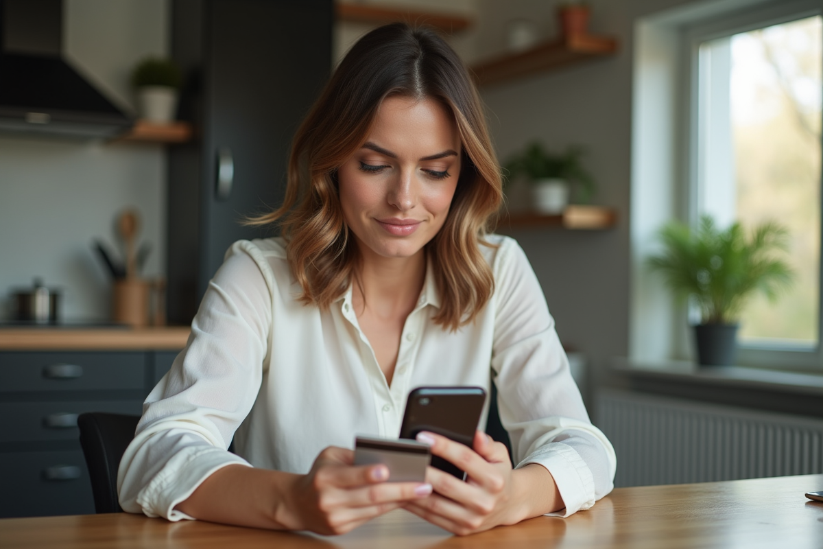 Femme utilisant son smartphone et carte bancaire à la maison