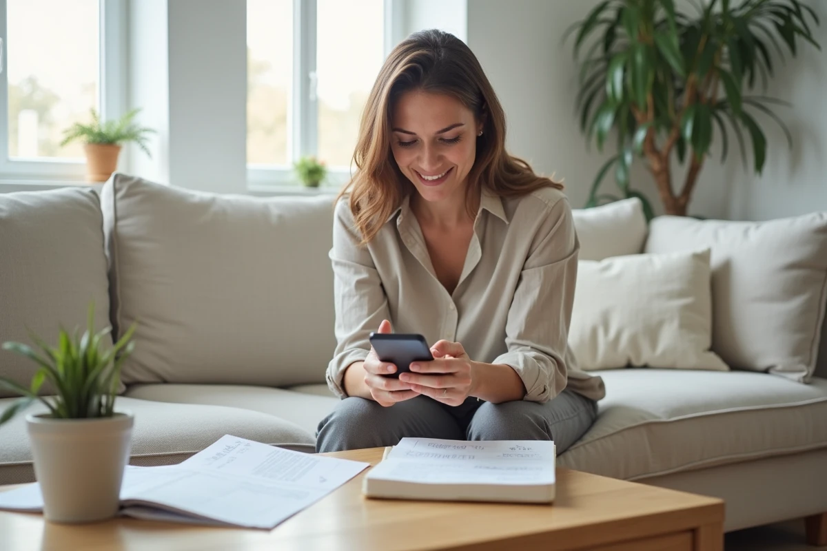 Femme consultant son smartphone pour comparer des offres de prêt trésorerie sans justificatif depuis son salon