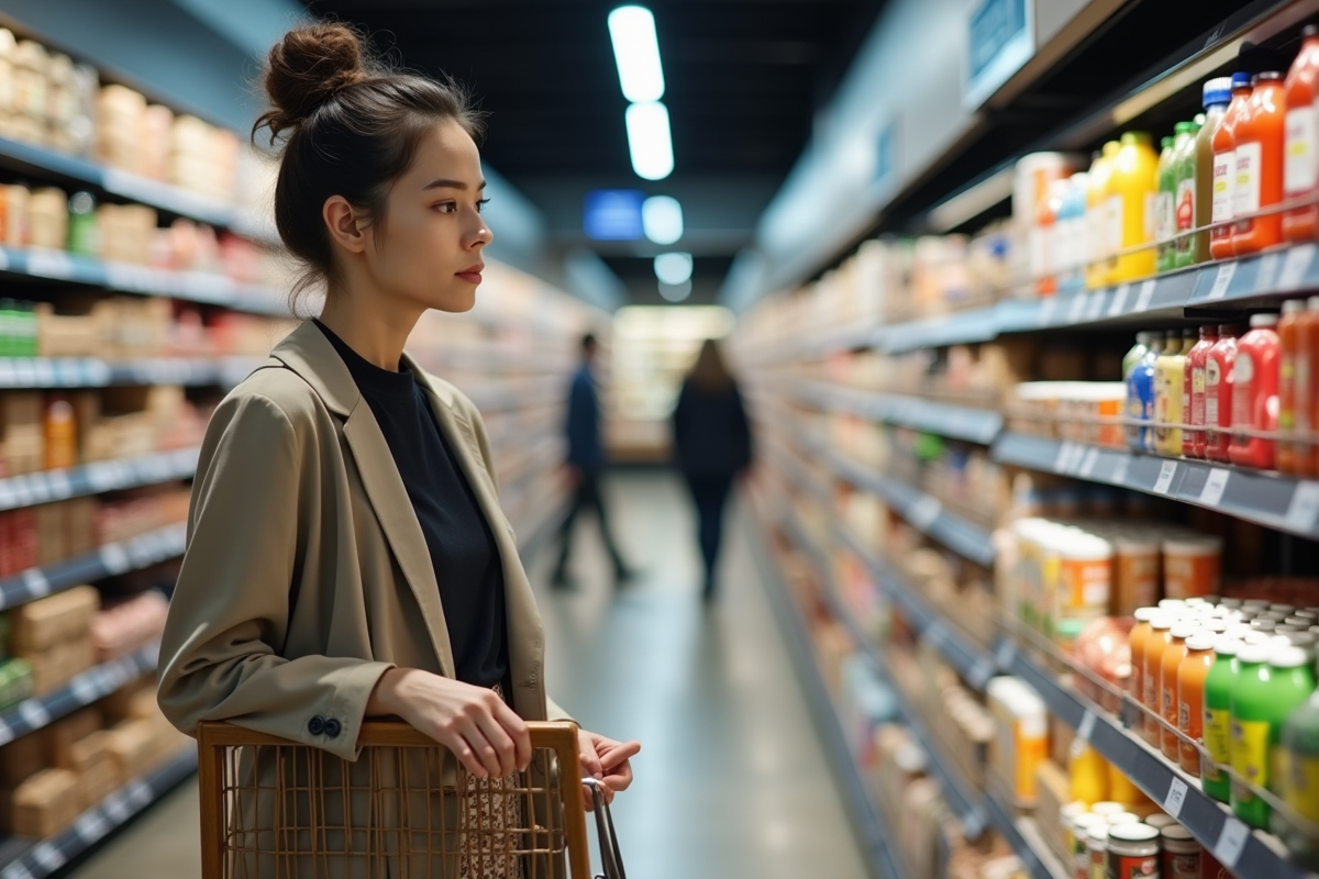Jeune femme comparant les prix dans un supermarché moderne