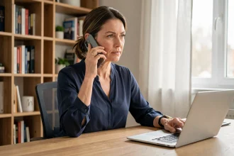 Femme au téléphone avec son smartphone pour contacter la Banque Postale depuis son bureau à domicile