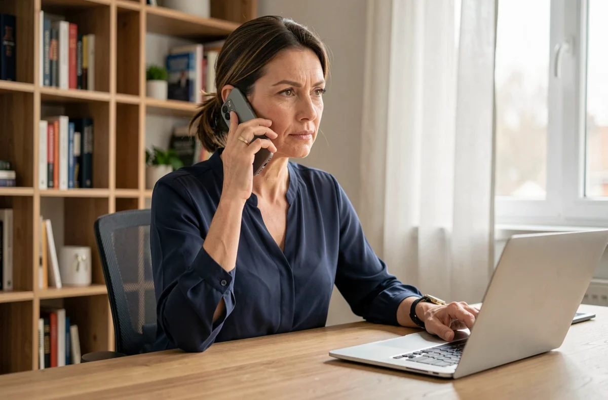 Femme au téléphone avec son smartphone pour contacter la Banque Postale depuis son bureau à domicile