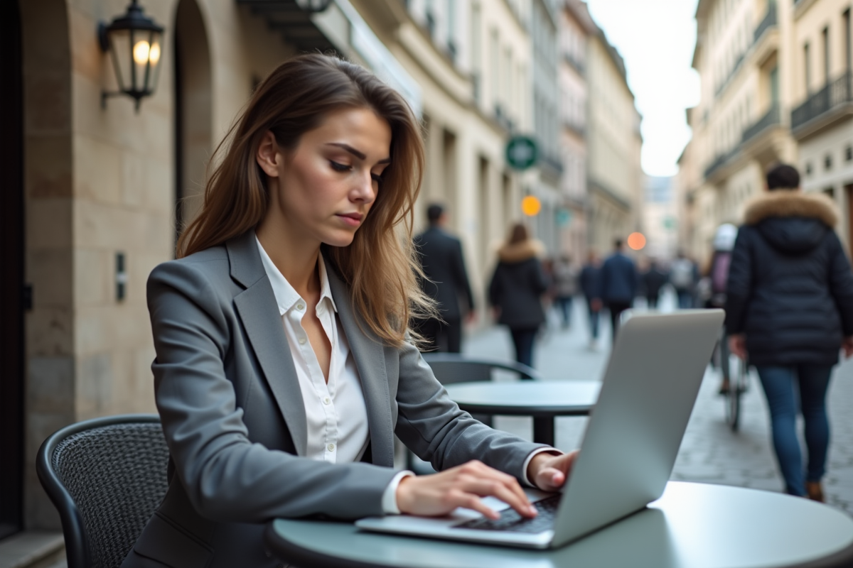 Jeune femme au café consulte des formulaires fiscaux sur son ordinateur