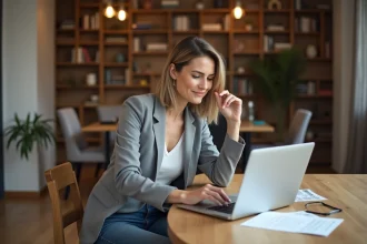 Femme en blazer et jeans travaillant à domicile