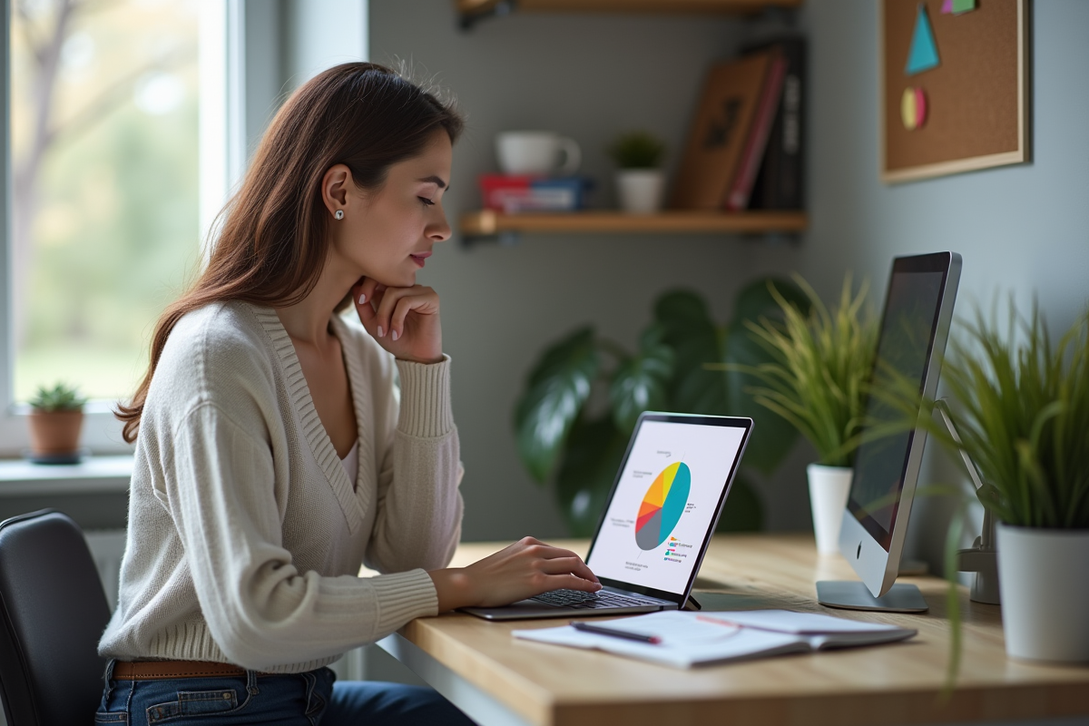 Femme concentrée travaillant sur son ordinateur avec un graphique