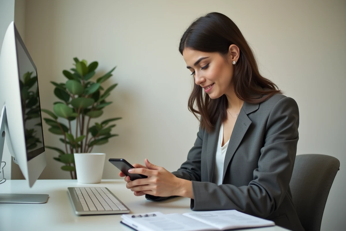 Jeune femme concentrée utilisant son téléphone au bureau