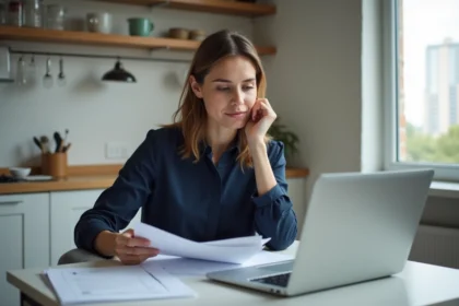 Femme de 30 ans travaillant à la maison avec papiers et ordinateur