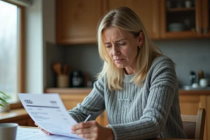 Femme vérifiant un relevé bancaire à la recherche d'un débit inconnu de Karapasse Courtage