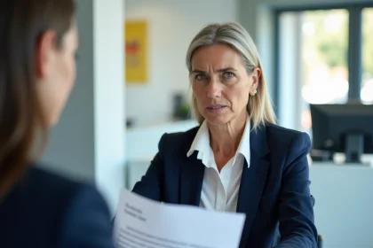 Femme inquiète discutant de la fermeture de son compte Ma French Bank avec un conseiller de La Banque Postale