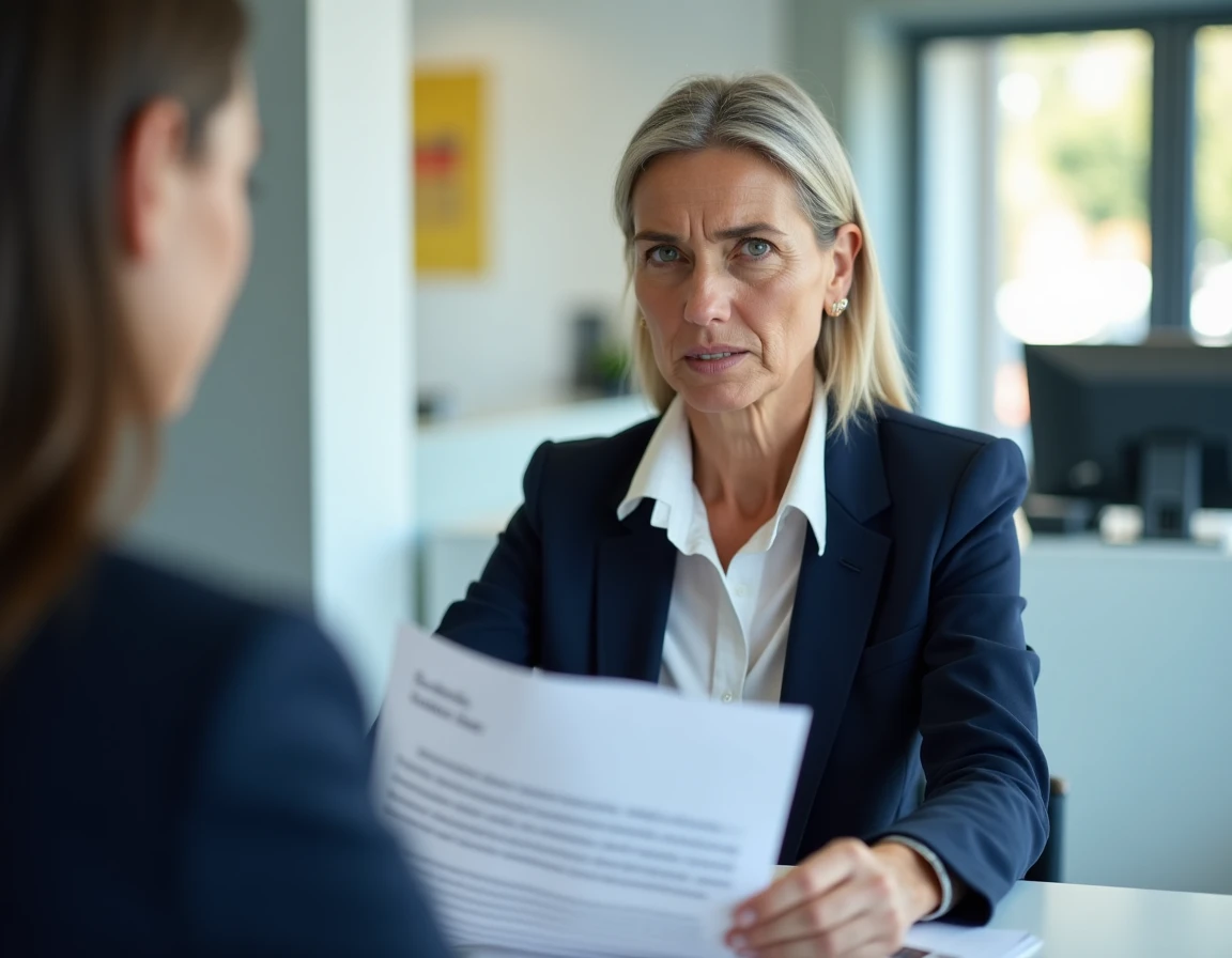 Femme inquiète discutant de la fermeture de son compte Ma French Bank avec un conseiller de La Banque Postale