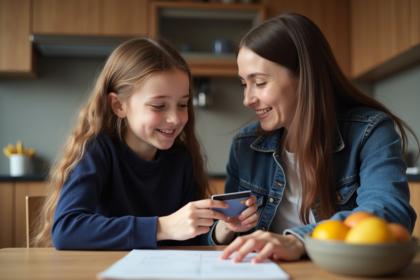 Jeune fille de 12 ans avec sa mère dans la cuisine moderne