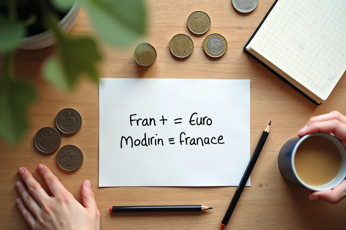 Vue à plat de pièces en francs et en euros avec une fiche mémo manuscrite pour la conversion
