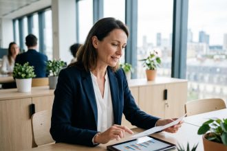 Fonctionnaire femme consultant des documents financiers dans un bureau administratif moderne