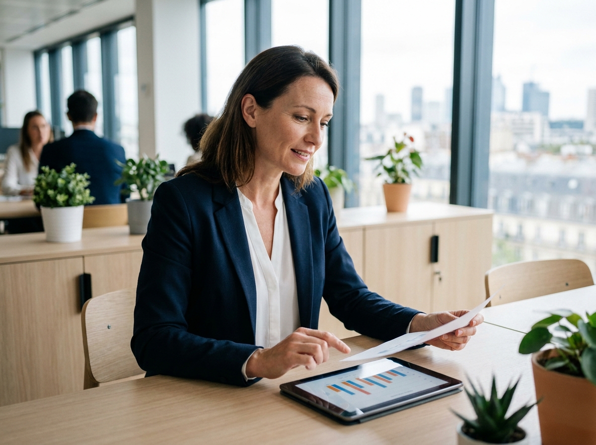Fonctionnaire femme consultant des documents financiers dans un bureau administratif moderne