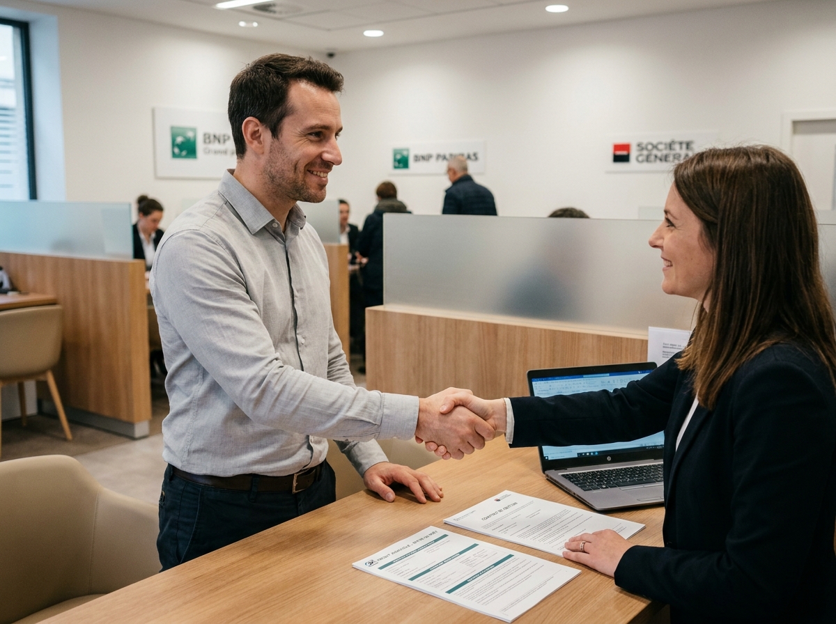 Fonctionnaire homme signant un accord financier avantageux avec un conseiller bancaire