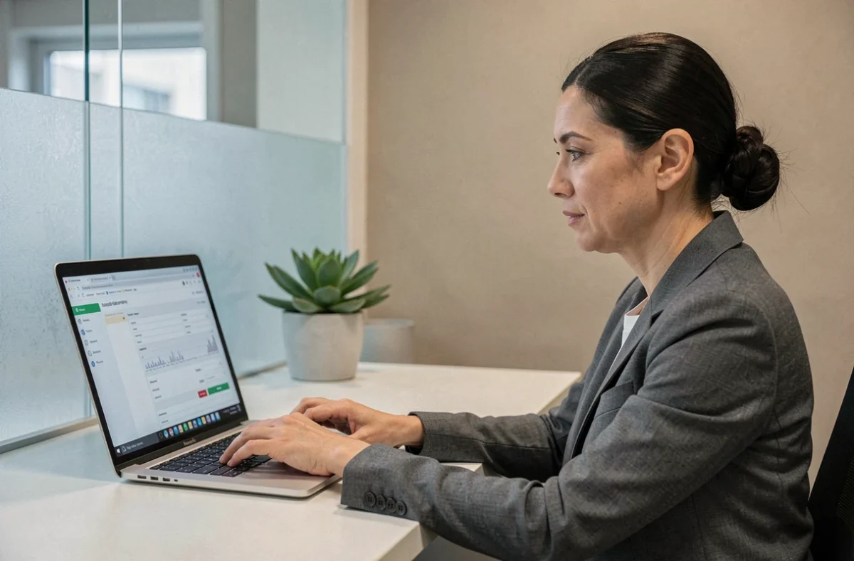 Une femme remplit le formulaire en ligne de l'Éco PTZ emprunteur sur ordinateur portable dans un bureau bancaire