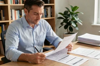 Un homme consulte le formulaire papier de l'Éco PTZ emprunteur à son bureau à domicile