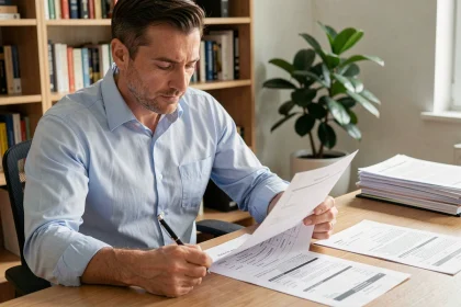 Un homme consulte le formulaire papier de l'Éco PTZ emprunteur à son bureau à domicile