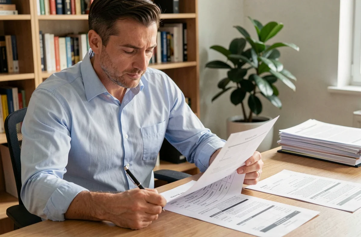 Un homme consulte le formulaire papier de l'Éco PTZ emprunteur à son bureau à domicile