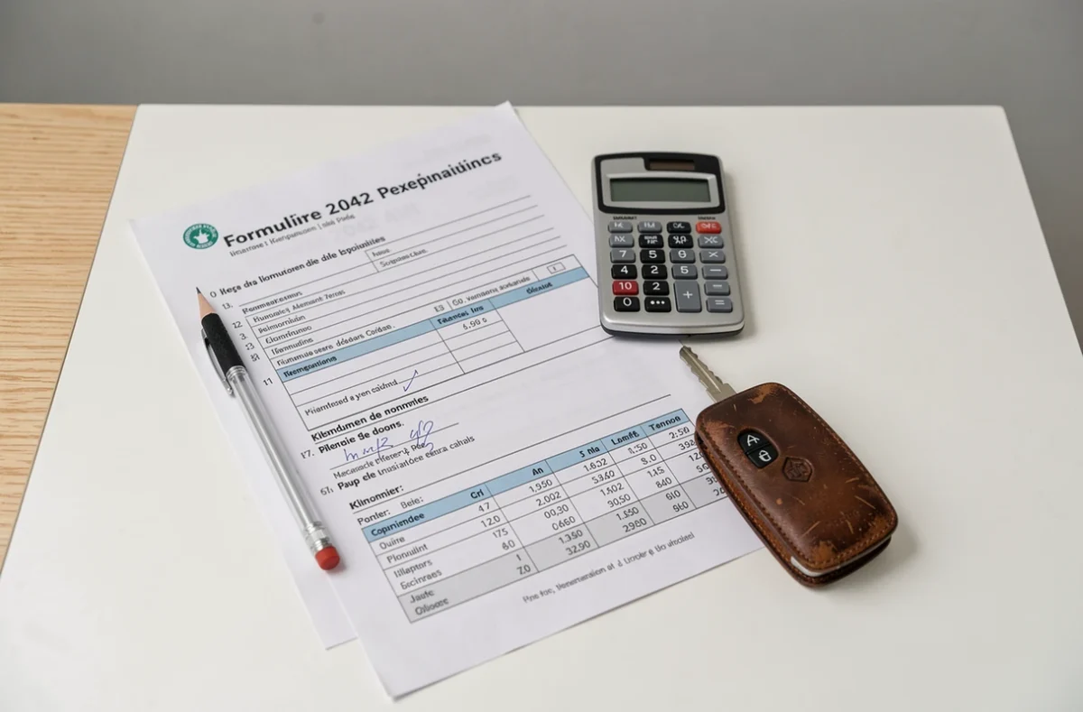 Vue de dessus d'un formulaire fiscal français, calculatrice et barème kilométrique pour calculer les frais réels