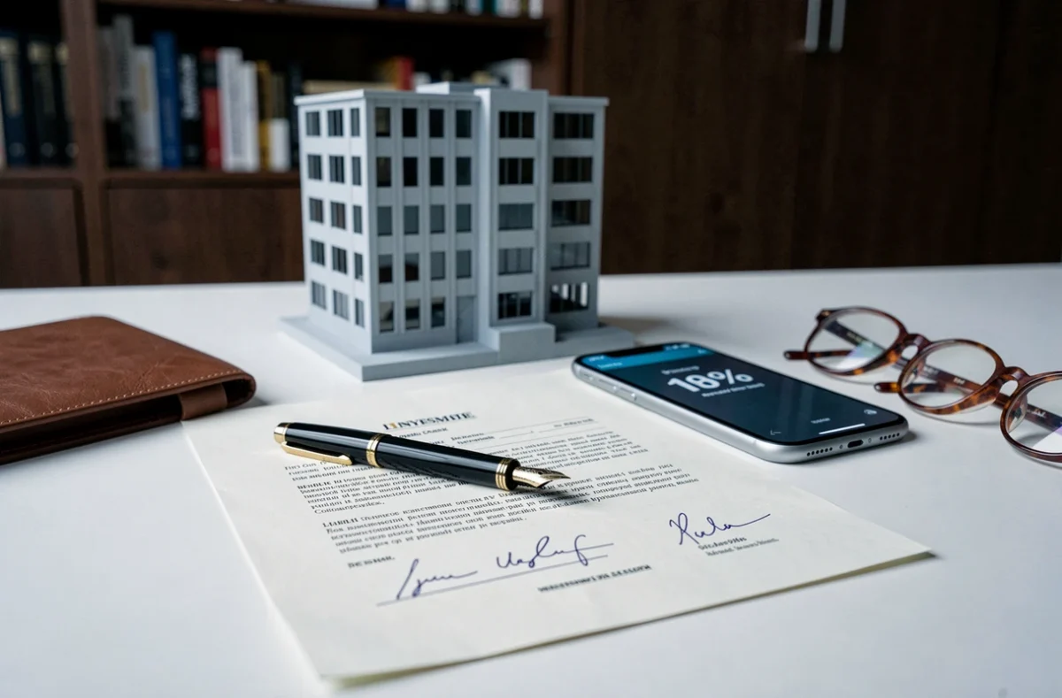 Gros plan sur un formulaire de souscription SCPI avec stylo, maquette immobilière et téléphone affichant un rendement