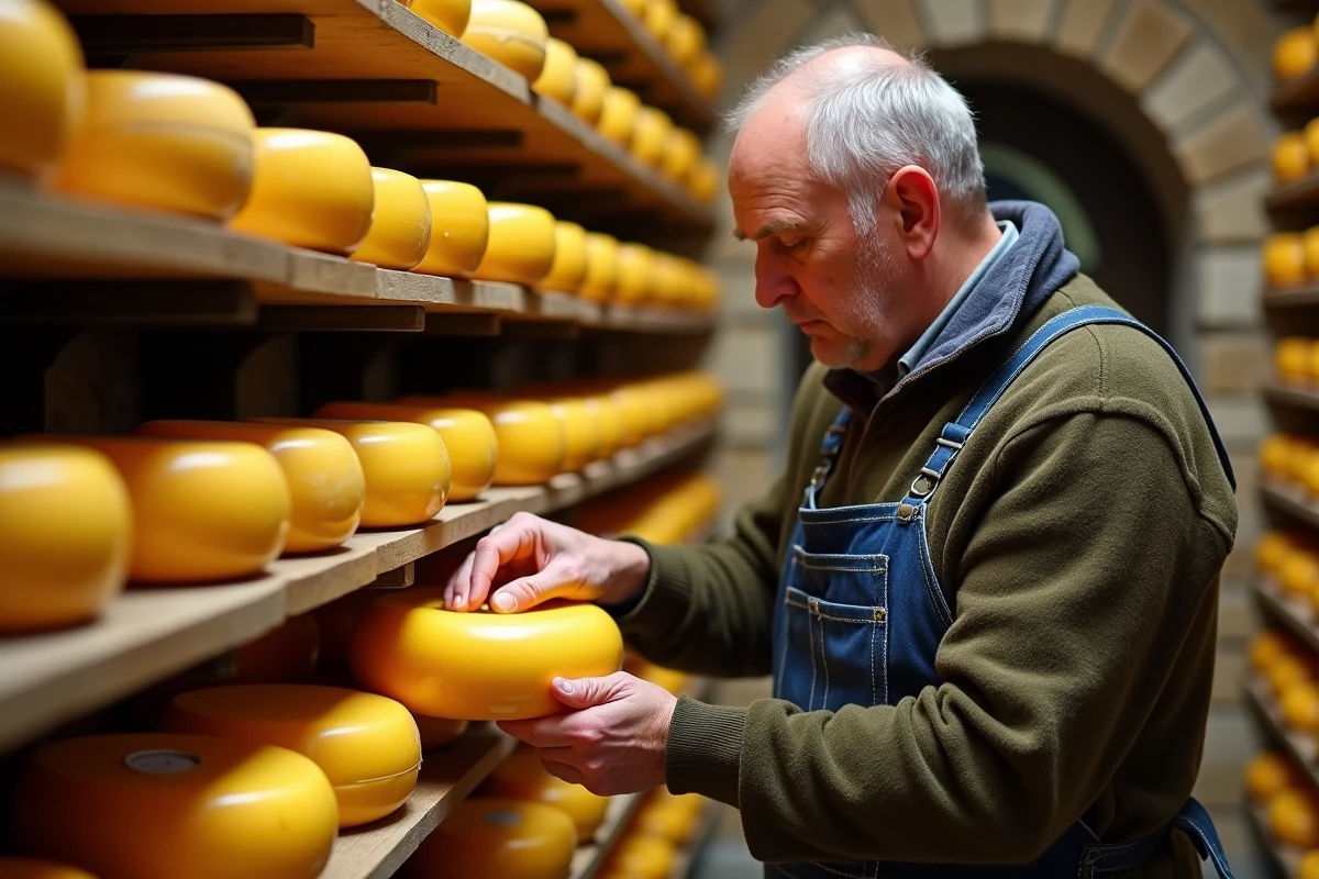 Fromager français arrangeant des fromages dans une cave rustique