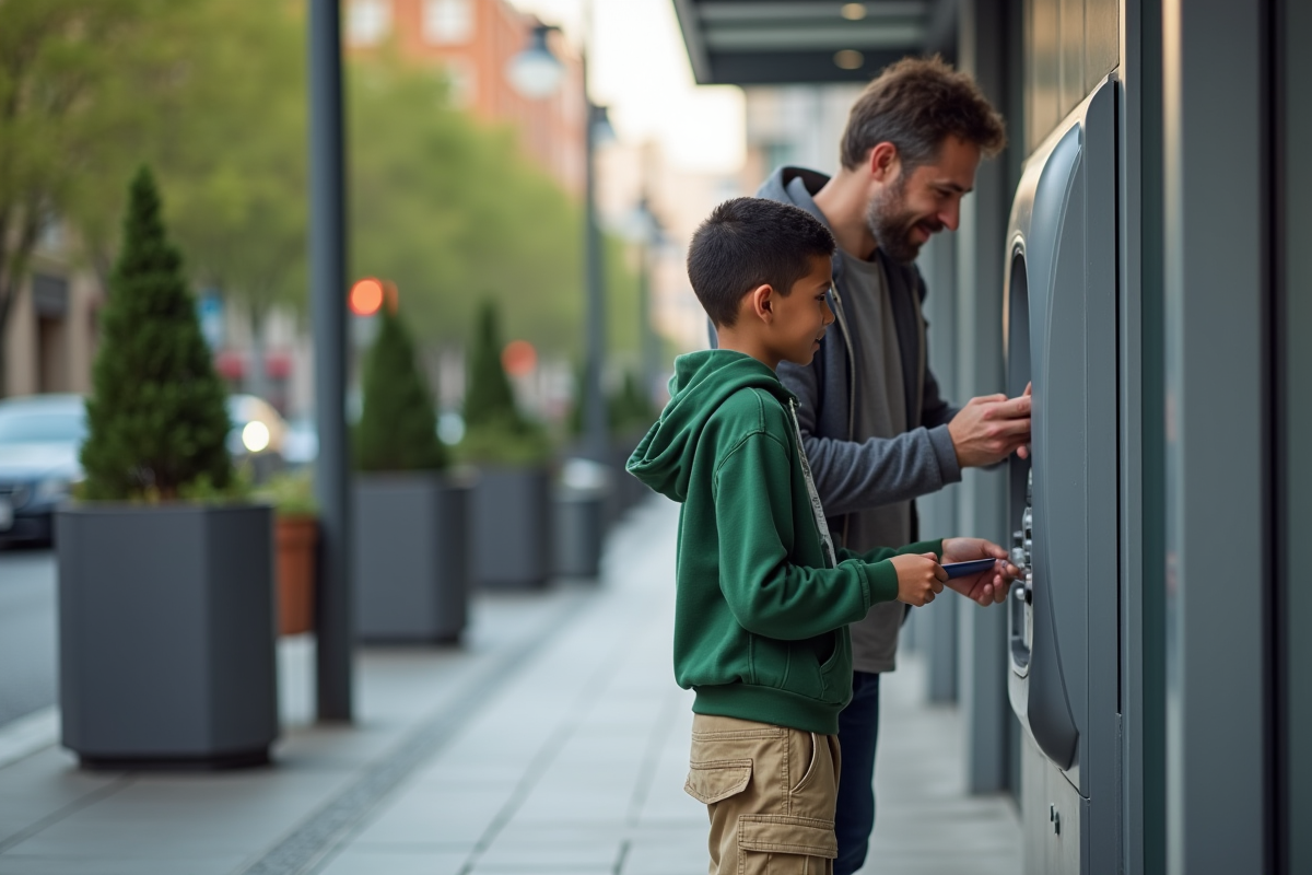Garçon de 10 ans utilisant un distributeur bancaire extérieur