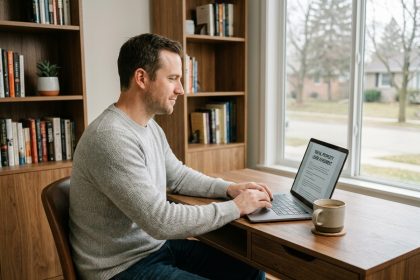 Propriétaire bailleur gérant ses investissements locatifs depuis son bureau à domicile avec un ordinateur portable